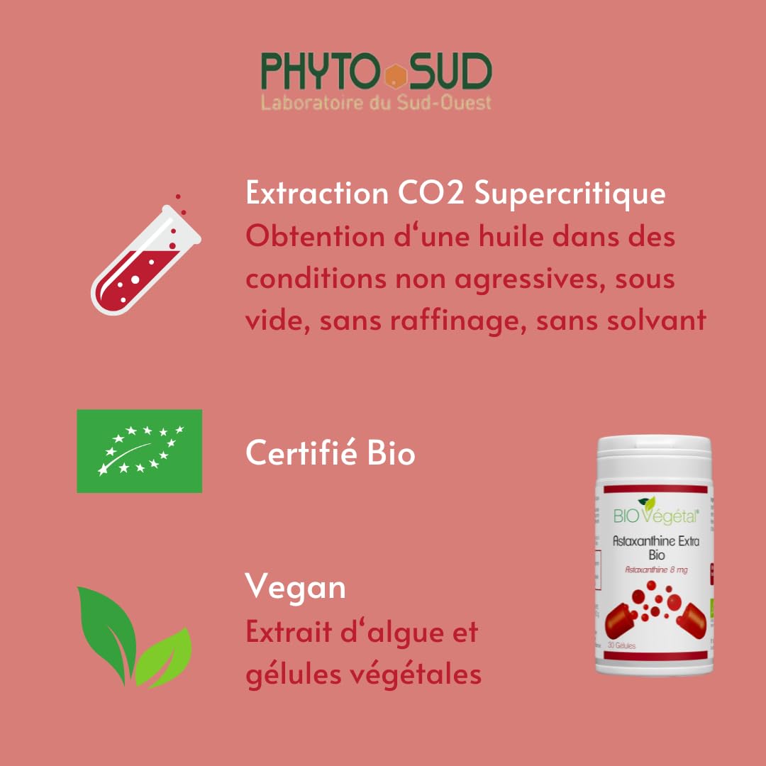 Astaxanthine Extra Bio - Extrait de Haematococcus Bio Pluvialis titré à 80mg dont 8mg Astaxanthine - Antioxydant 100% Naturel - 30 gélules - Cure de 1 Mois