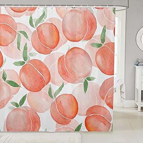 Peach Print Shower Curtain Bathroom Pink Peach Fruit Bathroom Decor Hooks Waterproof Microfiber Soft 72" W x 72" L Cover