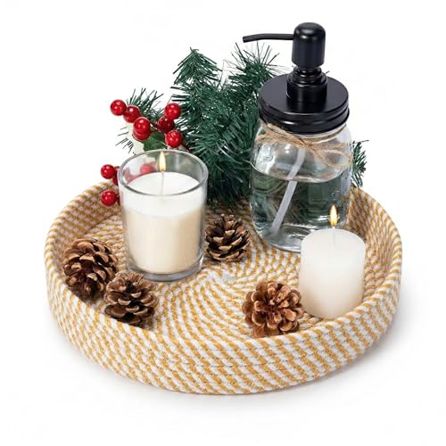 Image of BOBBINY Decorative Round Rope Tray for Decor - Rope Tray for Kitchen Dining Room Table - The Perfect Small Candle Serving Tray for Coffee Table and Home Decor (Orange Mix, 10x10 Inch (Pack of 1))
