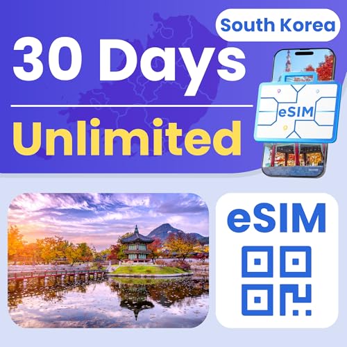 ESIM Cards for International Travel, South Korea Prepaid eSIM Unlimited Data, 30-Day Plan, 4G LTE 5G Speed, Hotspot Supported, eSIM with Instant Activation in 10 Minutes