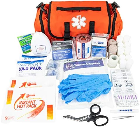 LINE2design Emergency Fire First Responder Kit - Fully Stocked EMS Supplies First Aid Rescue Trauma Bag - EMS EMT Paramedic Complete Lifeguard Medical Supplies for Natural Disasters - Orange