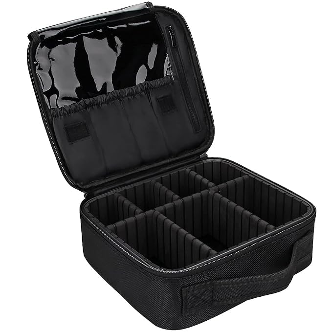 (Label) Faux Leather Makeup Organizer Bag for Women, Girls & Bride - Travel Cosmetic Kit Storage Organiser - Toiletry Vanity Box with Compartment, 26l x 23b x 9h cm Black & White Strap