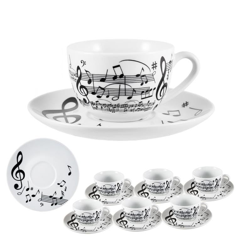 Lot de 6 grandes tasses avec soucoupe en porcelaine notes de musique DRW