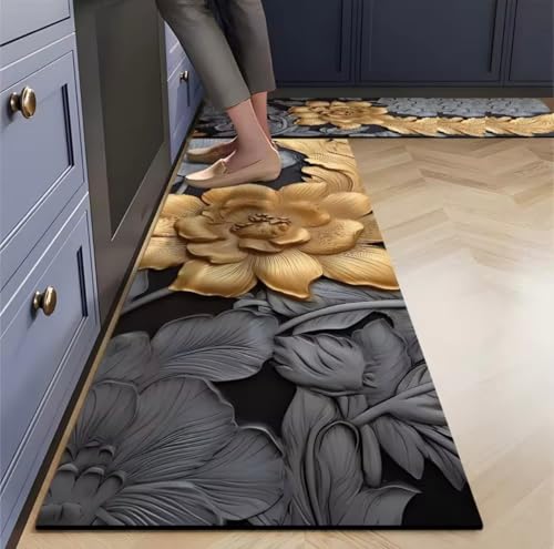 Image of Mattitude Rubber Rectangular Kitchen Mats for Floor Set of 2 Pcs | Non-Skid, Soft Absorbent Rugs for Kitchen Floor, Laundry, and Hallway | 120x40cm, 40x60cm| (Gray and Yellow)