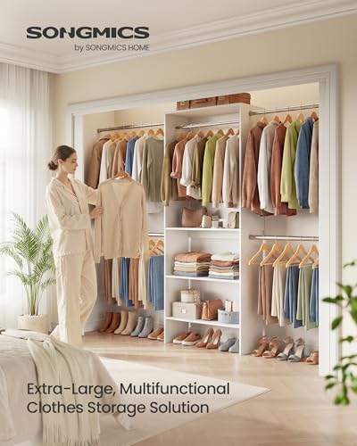 Image of SONGMICS Closet System, Customizable Walk-In Closet Organizer System with Adjustable Hanging Rods and Storage Shelves, White, Fits Spaces 6.5-10.2 ft URGR041WZ01S