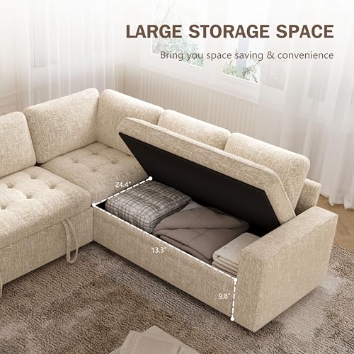 Image of Vipbear 85 Inch Modular Sectional Sofa with Pull Out Bed, Chenille L Shaped Sectional Sofa with USB Ports /Reclining Backrest /Storage Seats, Tool-Free Assembly, Sofa Couch for Living Room Begie