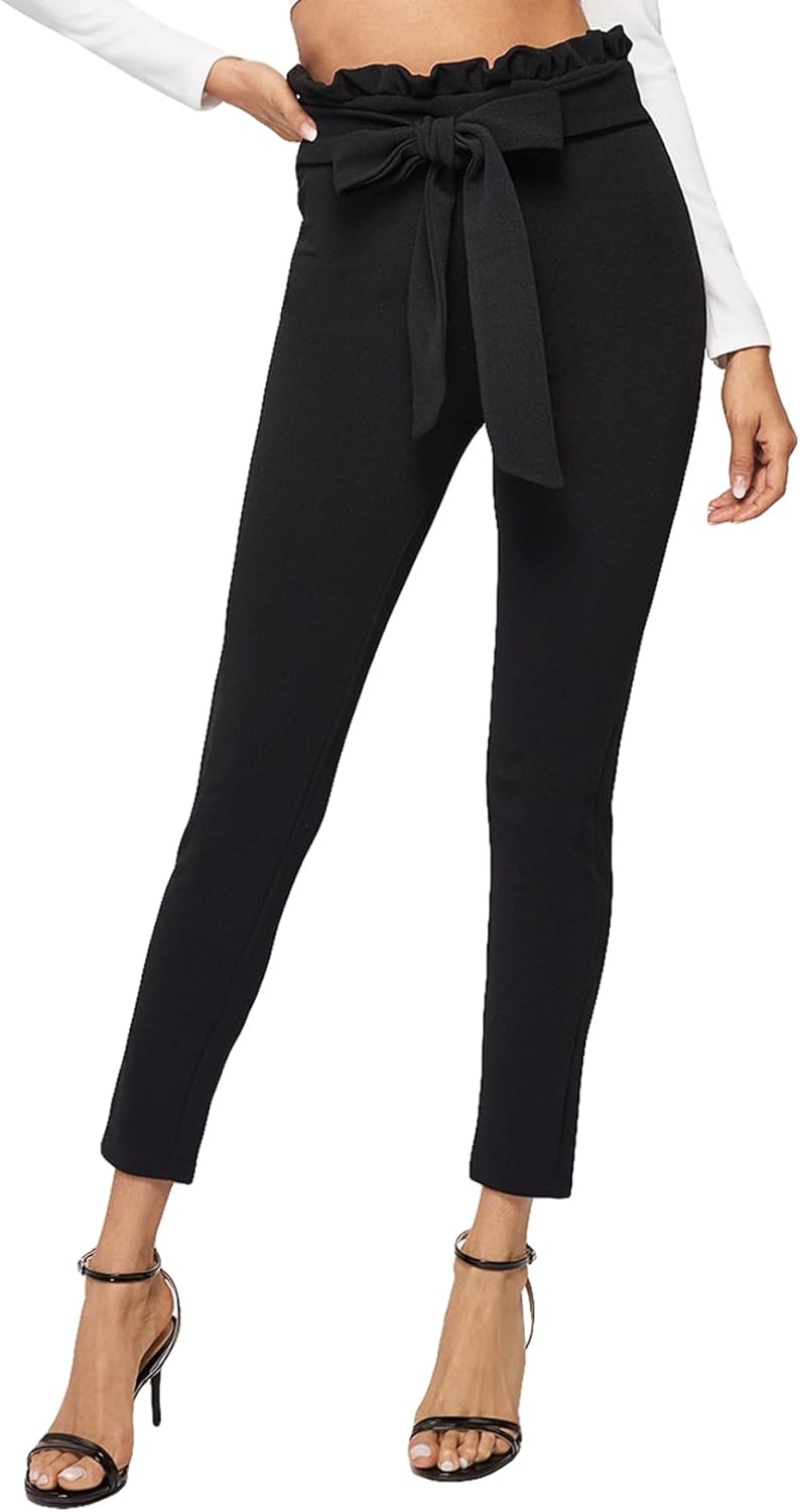 Floerns Women's High Waist Paper Bag Work Pants Stretchy Trouser with Belt X-Small A Black