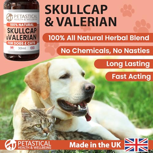 Petastical Skullcap Baldrian, Katzen- und Hundeberuhigung, Angstberuhigungstropfen, Alleine zu Hause, Bellen, laute Geräusche, Feuerwerk, Reisen (30ml)
