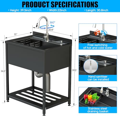 Image of Stainless Steel Utility Sink, 30.8 inch x 22 inch x 39.5 inchFreestanding Sink with Cold and Hot Water Faucet,Hoses and Drain Kit for Kitchens, Bathrooms, Garage, Laundry Room