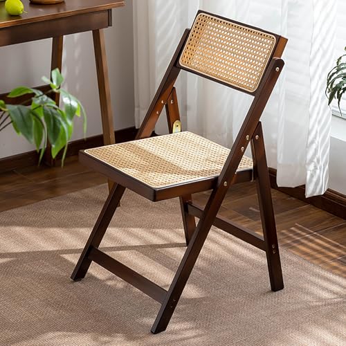 KISKIS Wooden Rattan Folding Chairs Portable Save Space Kitchen Dining Chair for Balcony Living Room with Mesh Elastic Seat and Curved Back 400LBS 1 Pack