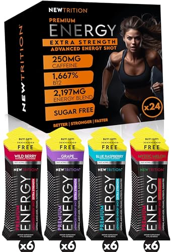 Image of NewTrition Extra Strength Energy Shots 1.7 fl oz - 250mg Caffeine with B Vitamins & Amino Acids, Sugar-Free Zero Calorie Vitamin Energy Drink for Focus & Endurance (Pack of 24, 4 Flavors - Mixed 1)