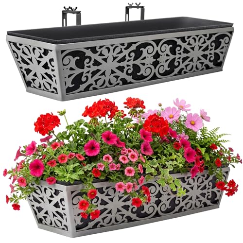 2 Pack 24 Inch Window Boxes Planter for Outdoor Plants Deck Railing Planters Box with Adjustable Brackets for Porch Fence Balcony Hanging Flower Baskets with Non-Woven Fabric Liner for Garden Decor