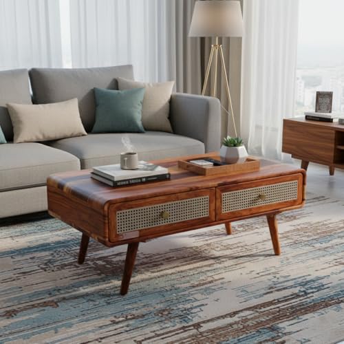 Image of DRIFTINGWOOD Amber Mid-Century Modern Solid Sheesham Wood Coffee Table - Wooden Center Table for Living Room with 2 Rattan Storage Drawers, Honey Finish