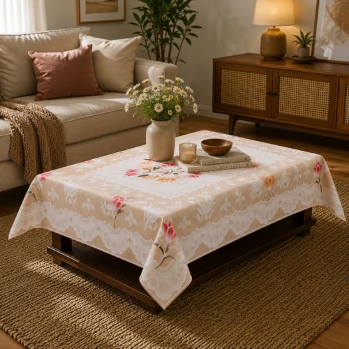 Image of STITCHNEST Florenza Beige Cotton Net Table Cover 40x60 Inches