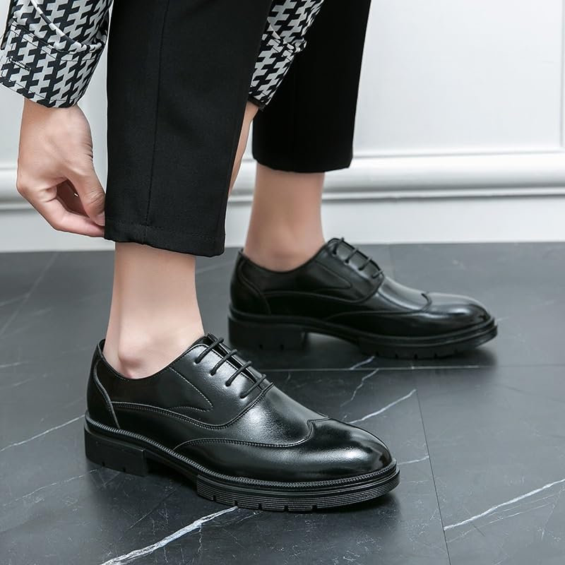 Men's Platform Oxford Shoes Mens Comfort Hand Stitched Business Formal Derby Shoes Lace Up Pointed Toe Casual Leather Dress Shoes(Black,6.5)3