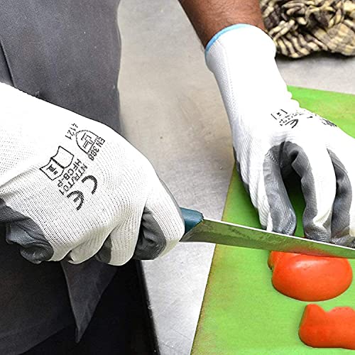 Image of Multipurpose Anti Cut PU Nitrile Coating Work Safety Gloves, Hand & Fingers, Gardening, Mechanical, Construction, Agriculture & Automotive - Durable & Comfortable (10 Pairs WhiteGrey)
