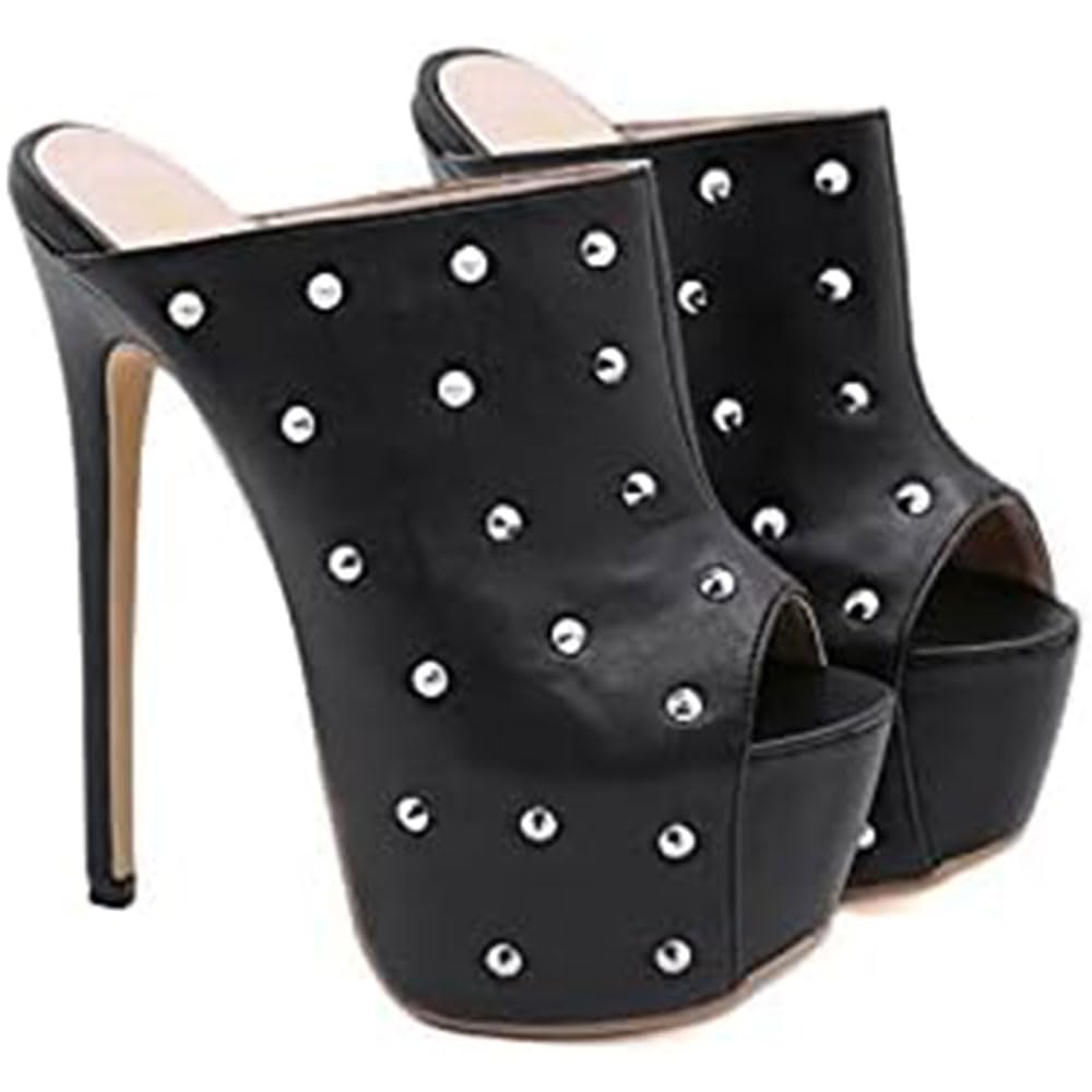 Hyfzxwx Women's Black Sexy Rivets Waterproof Platform Stiletto Fish Mouth Sandals 6.69 Inch Pumps Pole Dancer Stripper Platform Heels For Wedding Prom Wedding Shoes Thigh/Black/39Eu