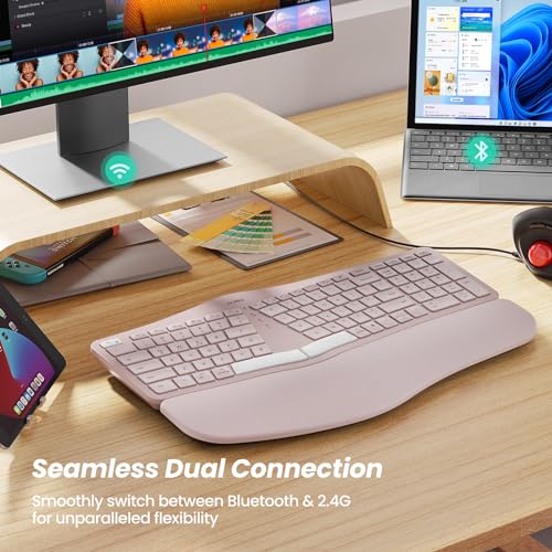 Image of Nulea RT05 Wireless Ergonomic Keyboard, Split Keyboard with Wrist Rest, USB-C Charging, 7-Color Backlight, Natural Typing, Bluetooth and USB Connectivity, Compatible with Windows /Mac(Pink)