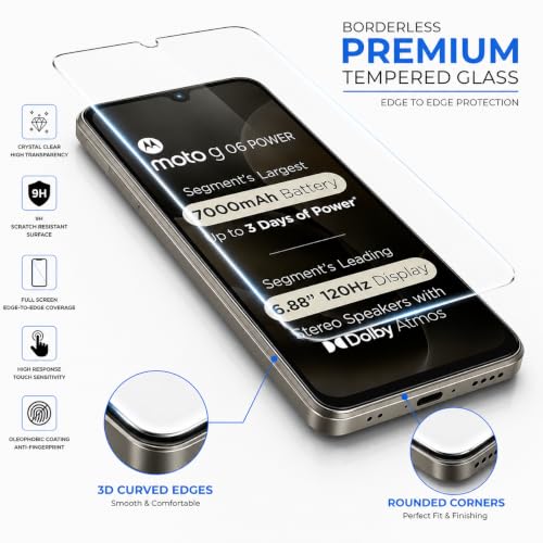 Image of ArmourPro 3D Borderless Tempered Glass for Motorla G06 Power and Moto G06, HD Clear Curved Edge to Edge Screen Protector, 9H Hardness, Oleophobic Coating, Case Friendly | Pack of 1