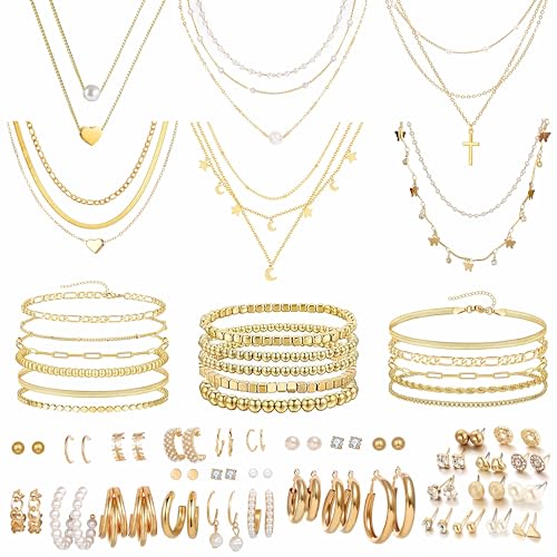 Xiokyo 55Pcs Gold Plated Jewelry Set for Women - Necklace, Bracelet, Earrings - Fashion Elegant Party Gift