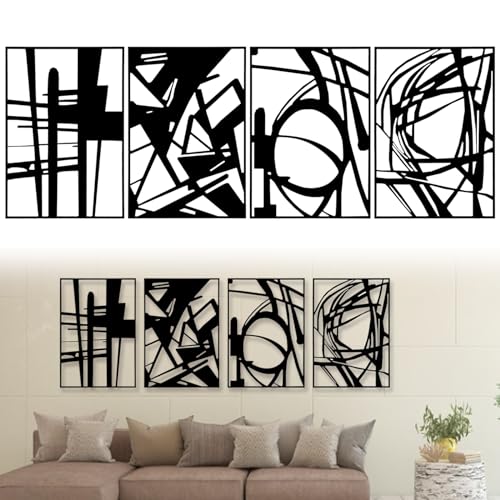 Decoración De Pared, 4 Piezas Arte Mural En Metal Escultura Abstracta De Líneas Decoración Colgante Negra Cuadros Metálicos Con Estructura 3D Arte Minimalista Para Sala De Estar Dormitorio Y Baño