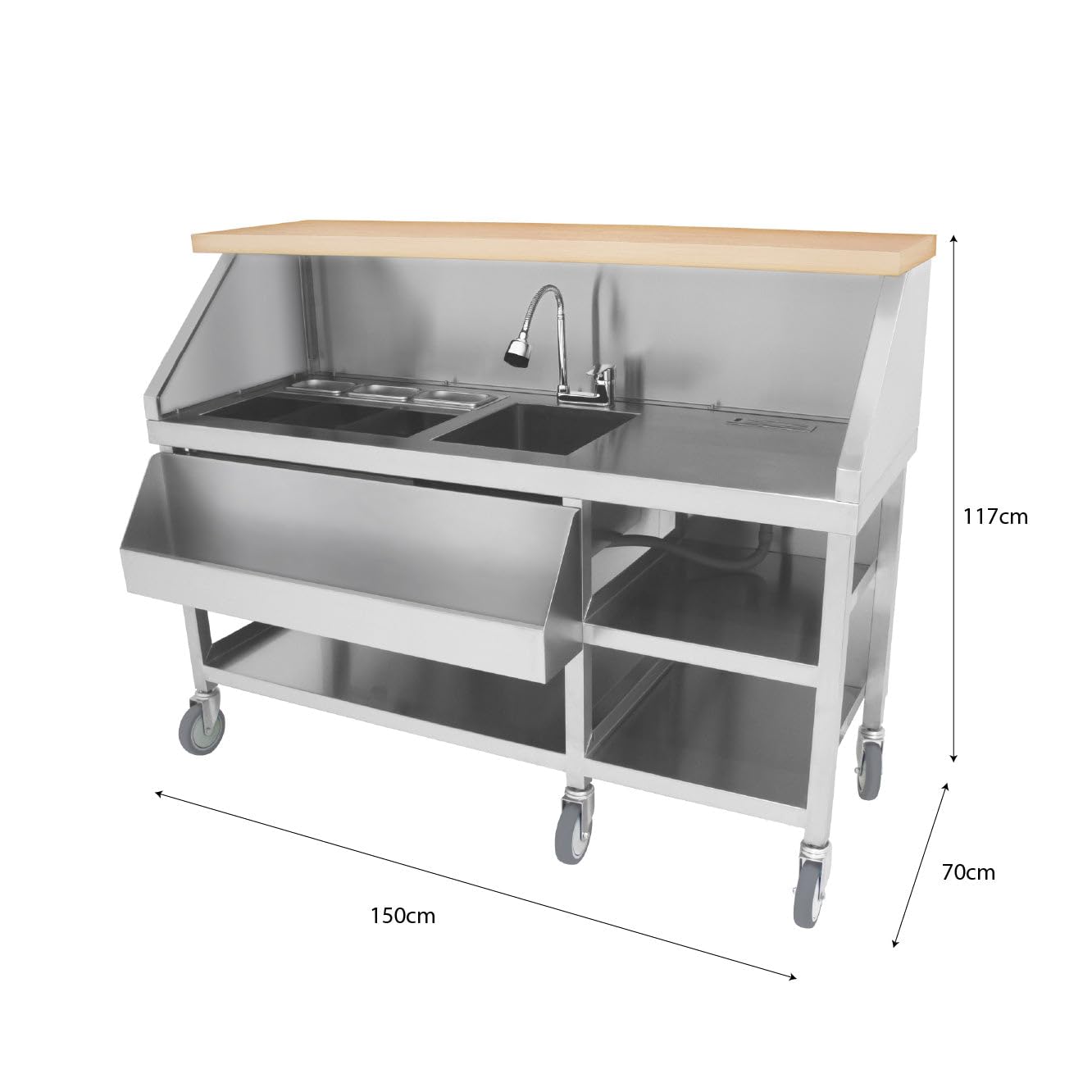 Postazione Mobile Cocktail Acciaio Inox Bancone Effetto Legno Ghiaccio Isolato 62L Lavello Integrato Mensole Doppio Livello Speed Rail Contenitori Gastro Portacoltelli Lavagna Magnetica e Shaker