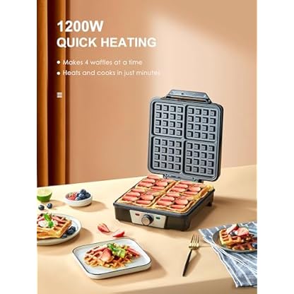 VINATO Waffeleisen, Belgisches Waffeleisen für 4 Waffeln, 1200W Schnelle und Stabile Wärme, Waffeln Maschine mit Antihaftbeschichtung von Heizplatten, Stufenlose Temperaturregulierung – Bild 3