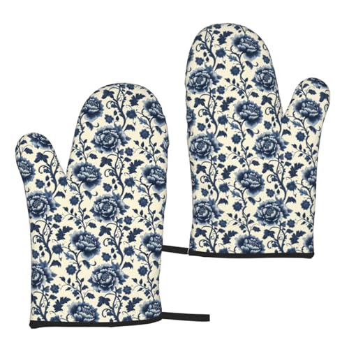 Gants de cuisine rétro avec imprimé fleurs bleues pour femme, gants de cuisine mignons résistants à la chaleur avec doublure en coton