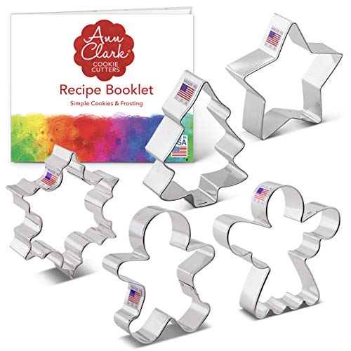 Ann Clark Cookie Cutters 5-Piece Christmas and Holiday Cookie Cutter Set with Recipe Booklet Snowflake Star Christmas Tree Gingerbread Man and Angel