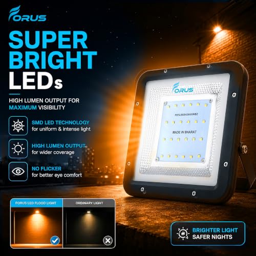 Image of Forus 20W LED Flood Light, Amber, 4-Year Warranty, IP67 Waterproof Outdoor Lighting, High Mast Halogen Focus Light for Factory, Garage, Parking, Garden, Shop, Warehouse, Tent, Warehouse, 1PC