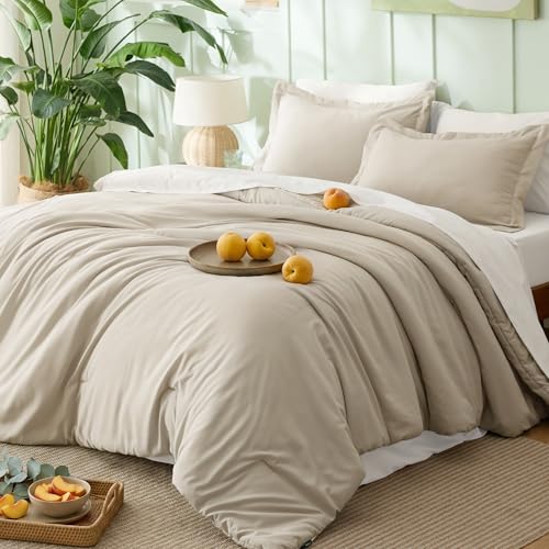 Image of Bedsure King Size Comforter Set - 7 Pieces Beige King Bedding Set for All Seasons, Boho Contrasting Design Bed in a Bag with Comforter, Sheets, Pillowcases & Shams