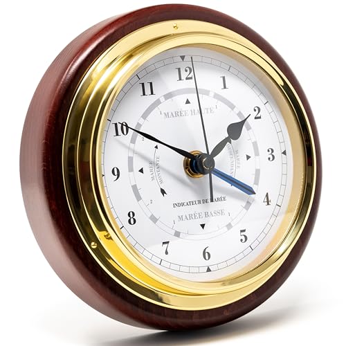 Fischer 1434GU-22-100 Horloge de marée et de Temps - 170 mm - Laiton Poli - Horloge Marine Couleur Acajou- Made in Germany