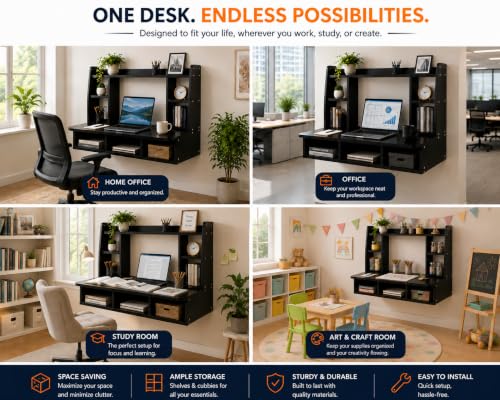 Image of Basicwise Wall Mount Laptop Office Desk with Shelves, Black,