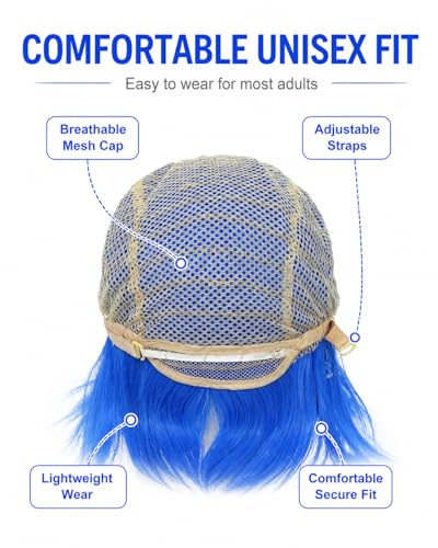 Image of Rose bud Anime Halloween Blue Wig for Cosplay Party Synthetic Layered Short Hair Wigs with Fringe Pastel Funny Wigs for Women Men