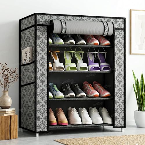 Image of Zest 4 Toyz 4 Shelf Shoe Rack for Home with Zip Door Cover & Side Pockets Shoe Stand Multipurpose Storage Rack for Footwear Toys Clothes with Dustproof Cover (Printed Design)