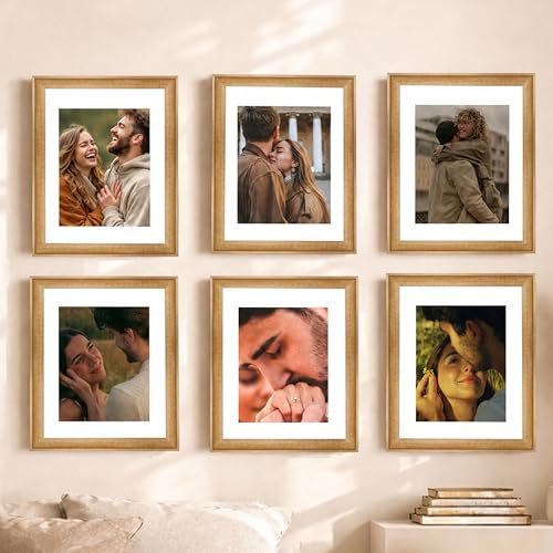 Image of Art Street 8x10 Picture Frame Set of 6, Display Pictures 5x7 with Mat or 8x10 Without, Gallery Wall Frame Set for Wall or Tabletop Display, Engineered Wood with Shatter Resistant Plexiglass,Wood Brown