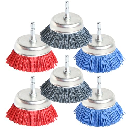FPPO 6Pcs 3 Inch Assorted Cup Brushes Abrasive Wire Nylon Cup Brush for Drill,Grit 80 120 320 with 1/4" Shank (6)