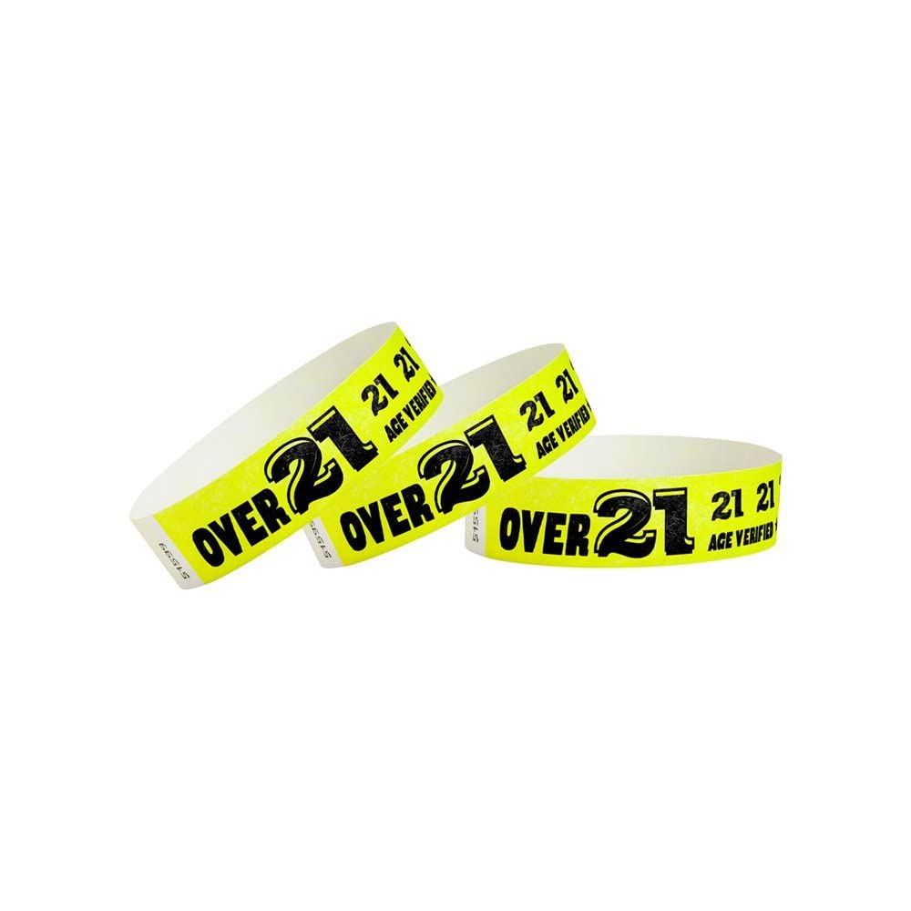 200 WristCo Over 21 Neon Yellow Tyvek Wristbands for Events - Tamper-Proof