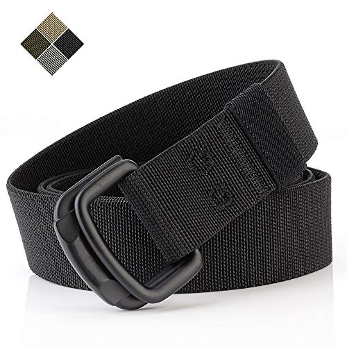 TENINE Unisex Leinwand Gürtel, Elastischer Stoffgürtel Stretchgürtel Militär Gurtband Nylon Gürtel für Damen Herren Taktischer Gürtel Metallschnalle mit Doppel D-ringe Schnalle (Schwarz 02)
