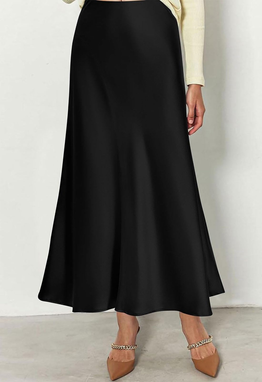 Genfien Jupe Femme en Satin Maxi Taille Elastique à Taille Haute Midi avec Fermeture éclair Élégante Casual