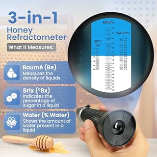 3-in-1 Honey Refractometer with ATC – Brix 58-90%, Baume 38-43%, Moisture 12-27% – Easy to Calibrate, Reliable, and Accurate Tester for Honey, Maple Syrup, Molasses, and More – Ideal for Beekeepers