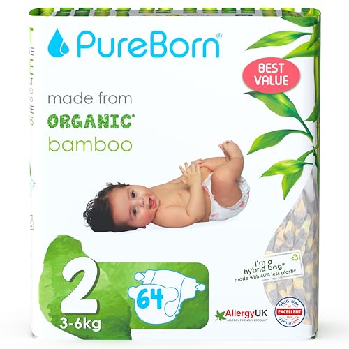 PureBorn Pañales Bebé Ecológicos de Bambú, Talla 2 (3-6 kg), 64 piezas, Hipoalergénicos, Ultrasuaves, Estampado Surtido