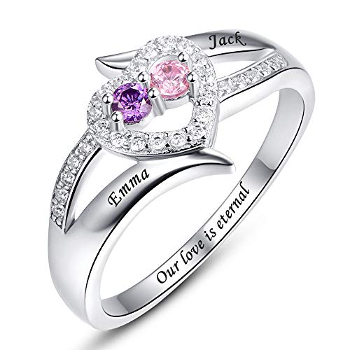 BONLAVIE 925 Sterling Silver Ring for Women with 2 Round Simulated Birthstones Personalized Infinity Mothers Couple Engraved Promise Rings Size 11