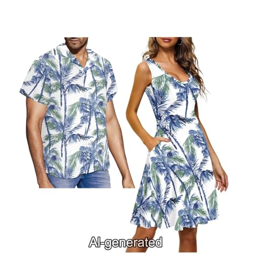 Image of Dreaweet Summer Dresses for Women A-Line Sleeveless Flowy Sun Dresses,Men's Casual Button-Down Shirts,Couple Matching Outfits