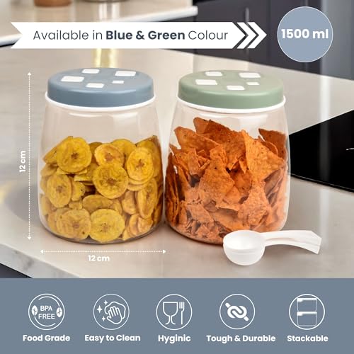 Image of FLAIR Cubics Airtight Food Storage Containers Set of 3 (1500ml each) with Spoons - Blue, BPA-Free, PET Plastic Jars, Durable, Space-Saving for Pantry, Snacks, Spices, Grains & More