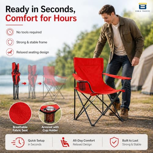 Image of BTAG Foldable Camping Chair with Armrest & Cup Holder, Portable Outdoor Chair with Carry Bag for Camping, Picnic, Fishing & Travel - RED