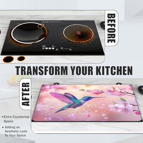 Image of Hummingbird Glass Top Stove Cover Protector,Pink Peach Flowers Stove Top Covers for Electric Stove,Washable Heat Resistant Cooktop Mat Anti-Slip Range Covers, 28 x 20 Inch