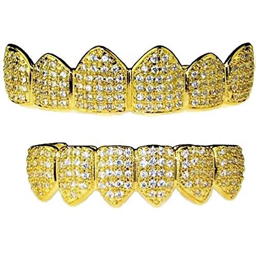 18K Gold Plated Grillz Set CZ Cubic Zirconia Micro Pave Bling Teeth Top & Bottom Iced Hip Hop Grills