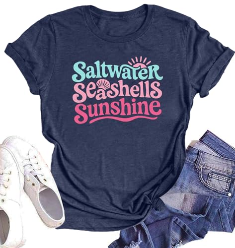 Summer Shirt for Women Saltwater Seashells Sunshine Graphic Shirts Beach Vacation Tee Cute Coastal Short Sleeve T Shirt