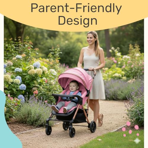 Image of Safe-O-Kid Breez Baby Rubber Wheel Stroller /Pram with 1 Year Warranty (Model - 2024) for New Born /Toddler /Kid for 0 to 3 Years Travel Friendly, 5 Point Safety Harness - Pink